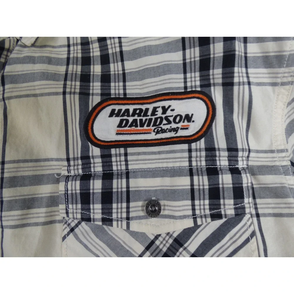 Harley-Davidson Racing Mens Plaid Button Down Shirt Cream Black Long Sleeve 2XL